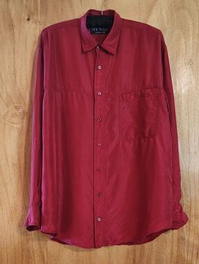 90s Vintage My Silk Mens Streetwear Button-Up Shirt Red Long Sleeve 100% Silk M